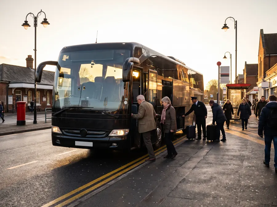 A black executive coach in golden late-afternoon light outside Epsom station, an older tour group boarding while the driver loads a case