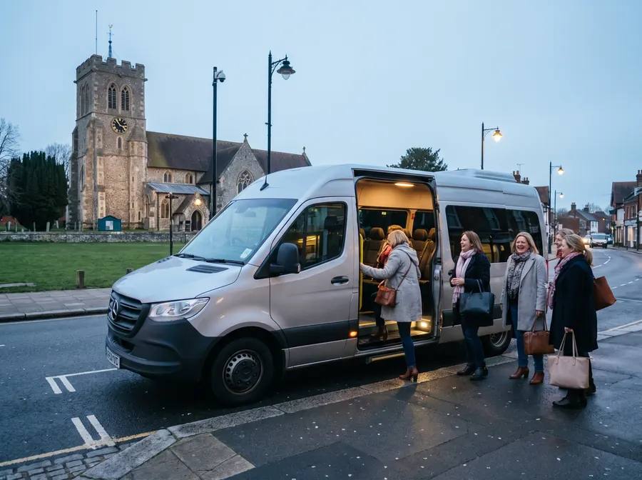 A silver minibus at dawn beside a parish church in Epsom, street lamps still lit, a group of women boarding for a day out